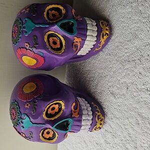 New 2 Skull Decor Halloween Day Of The Dead Colorful 4.2" Skulls Purple 2 Pair